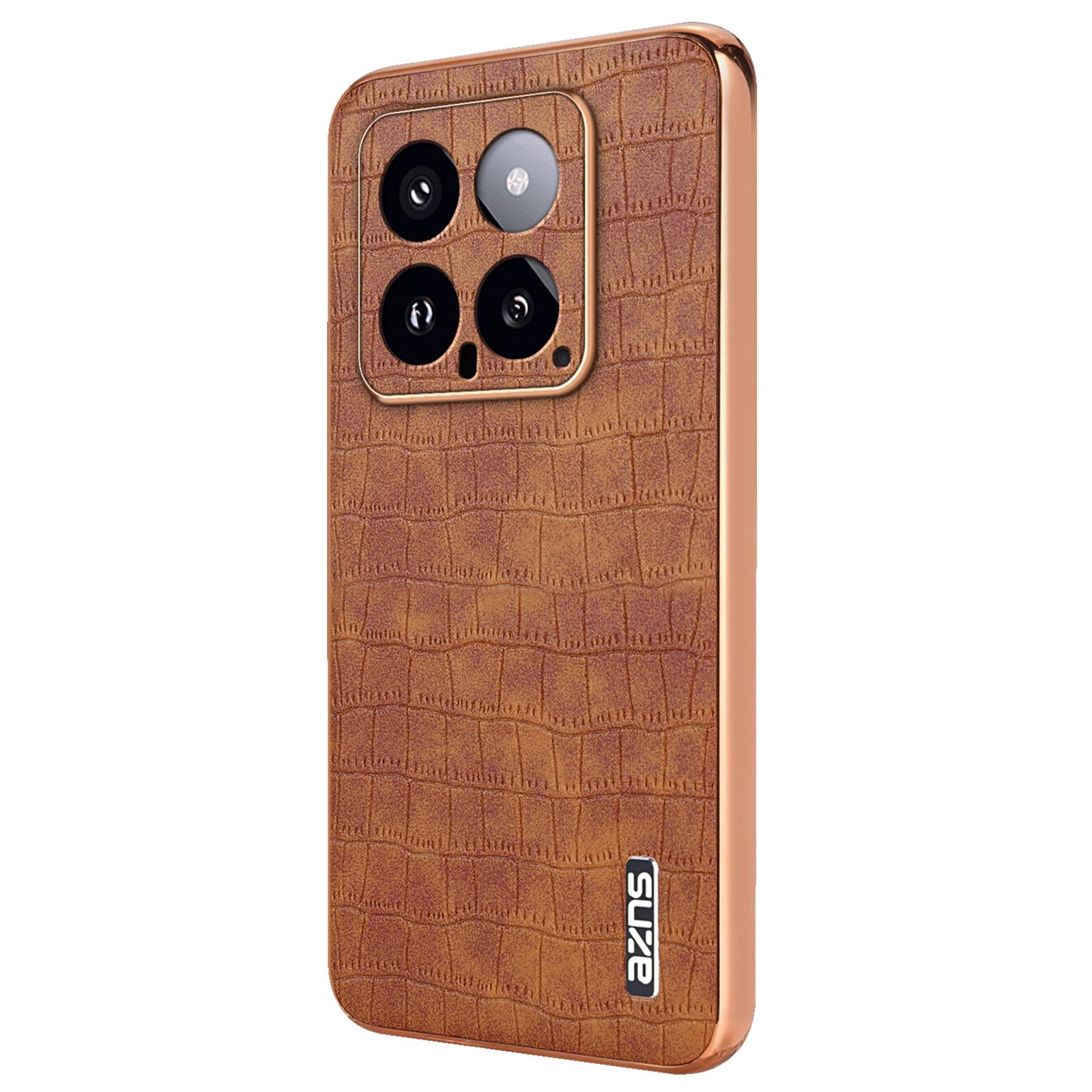 

For Xiaomi 14 Case PU Leather Classic Crocodile Pattern Back Cover Brown