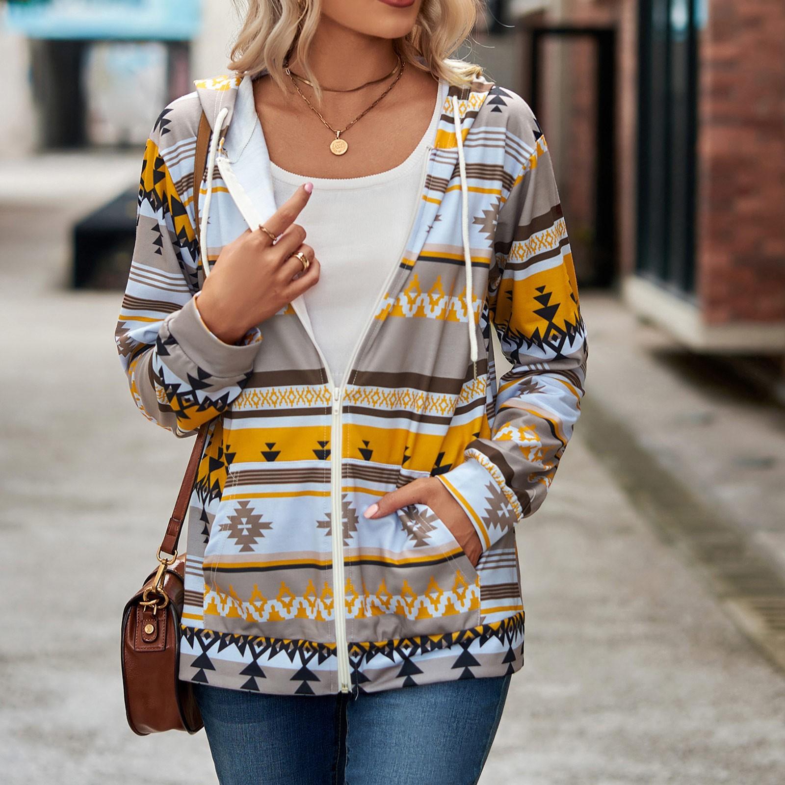 

Женская мода ацтекский геометрический узор длинный рукав свободный капюшон карман толстовка куртка XXL жёлтый