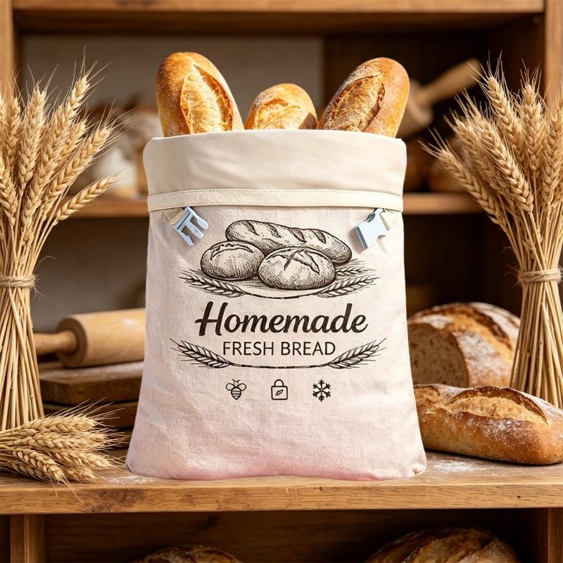Washable Bread Storage Bag Cotton Outer Bag with Side Clip Closure for Countertop and Freezer Family Loaf Storage