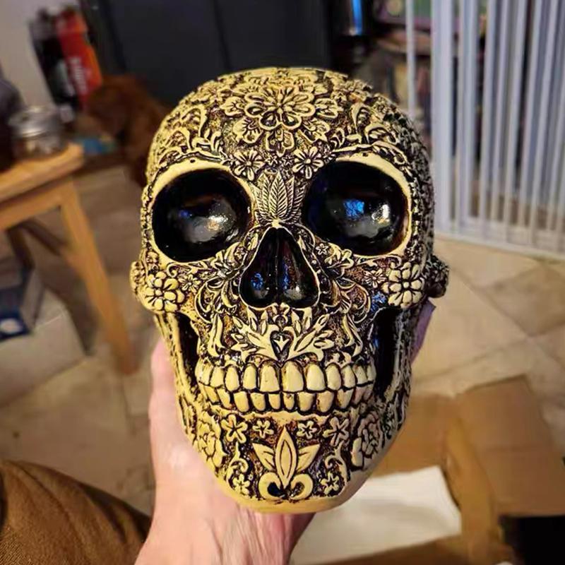 Resin Craft Skull Head Golden Carving Halloween Party Decoration Skull Sculpture Ornaments Home Decoration Accessories