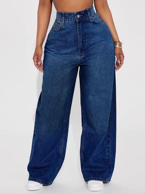 Jeans Feminino Azul Escuro de Cintura Alta Wide-Leg Comprimento Total - Estilo Coreano Tendência Loose Fit