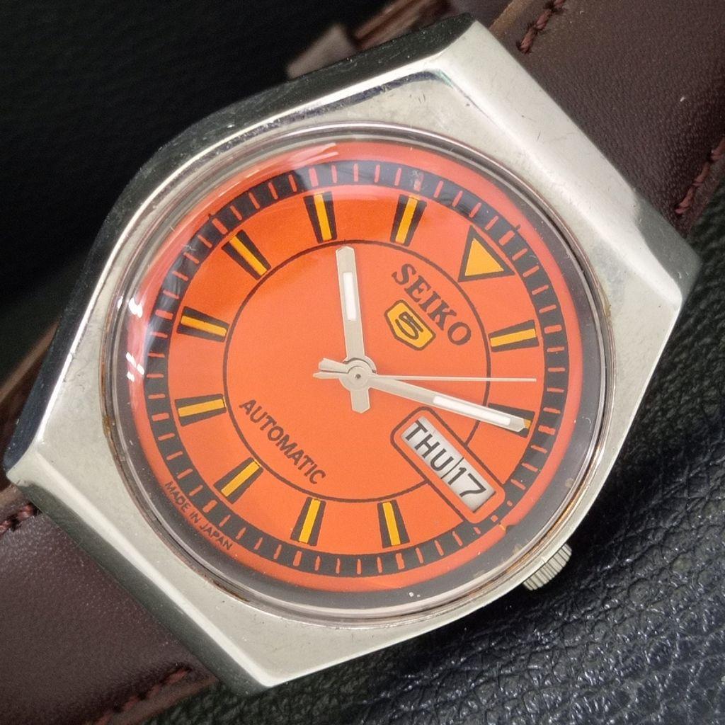 VINTAGE SEIKO 5 AUTOMATIC JAPAN 6309A MENS ORANGE COLOR DIAL WATCH A702711-1 R210-a702711