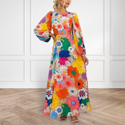 Damen Maxikleid Bunt Langarm Ausgeschnitten Eng anliegende Taille Schnürung Rundhalsausschnitt Laternenärmel A-Linie Lockerer Saum Hohe Taille