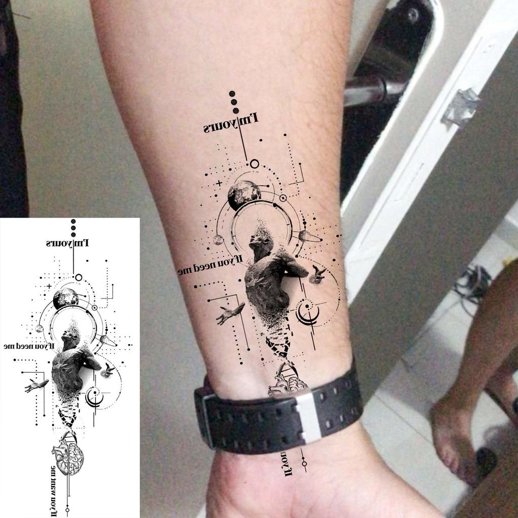 1 Sheet Geometric Planet Mountains Temporary Tattoos For Women Men Forearm Foot, Waterproof Long Lasting Realistic Tatoo Sticker