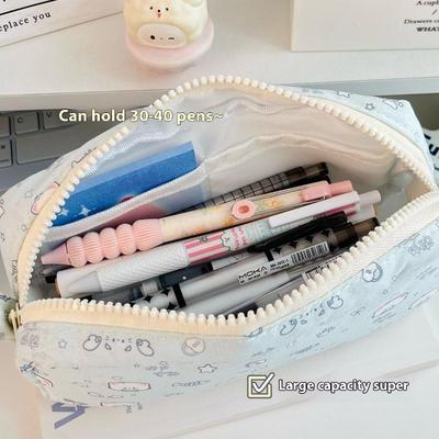 Cute Fishbone Cat Printed Pen Bag Portable Large Capacity Pencil Case Stationery Bag Multi-Function Storage Bag
