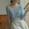 Vintage V-neck knitted cardigan summer top gentle wind short green milk wear sweater jacket women