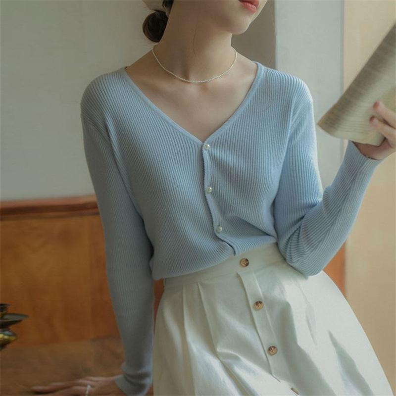 Vintage V-neck knitted cardigan summer top gentle wind short green milk wear sweater jacket women