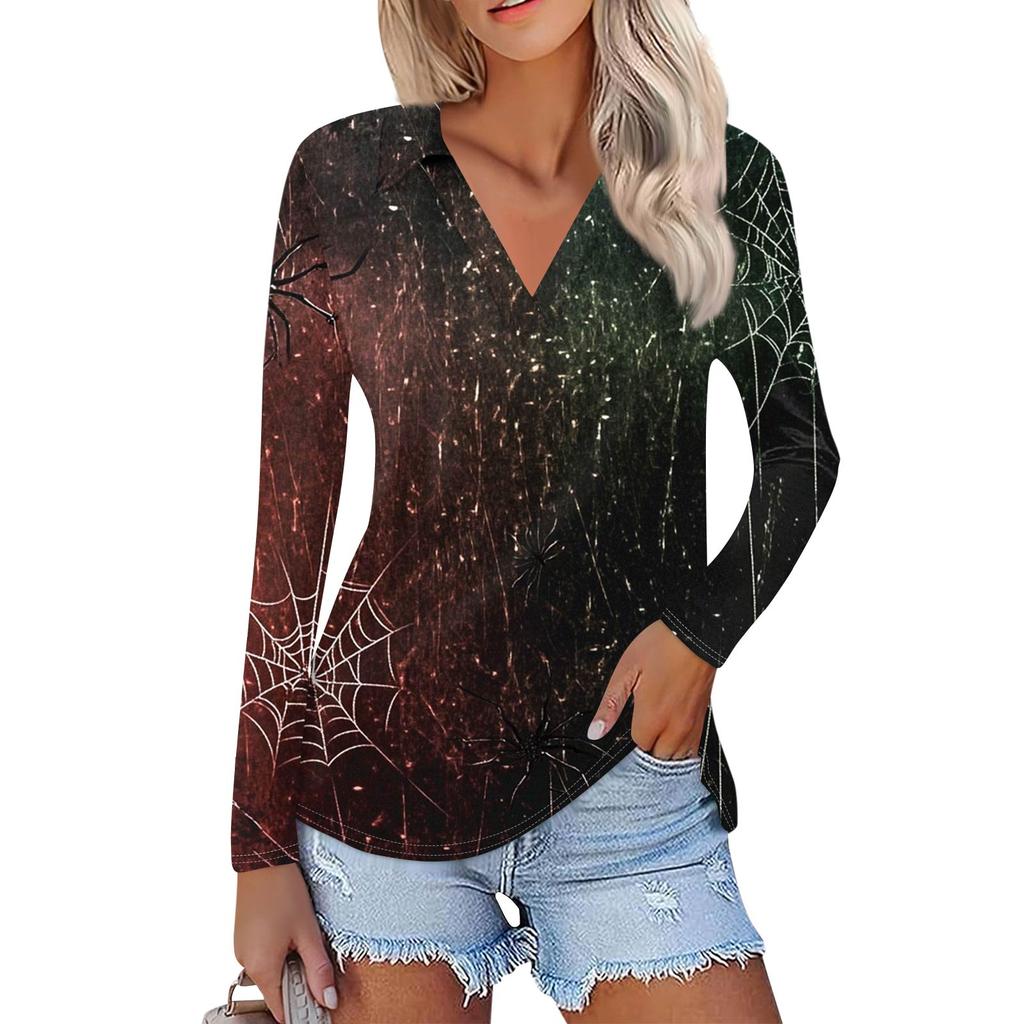 Women's Summer Fashion Casual  Printed V-Neck Long Sleeve Shirt Top