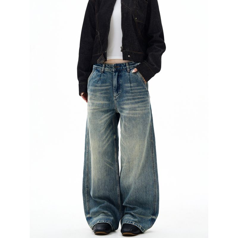 Kisko American Retro Double-Pleated Washed Whiskered Commuter Jeans Unisex Trendy Brand Cleanfit Loose Pants