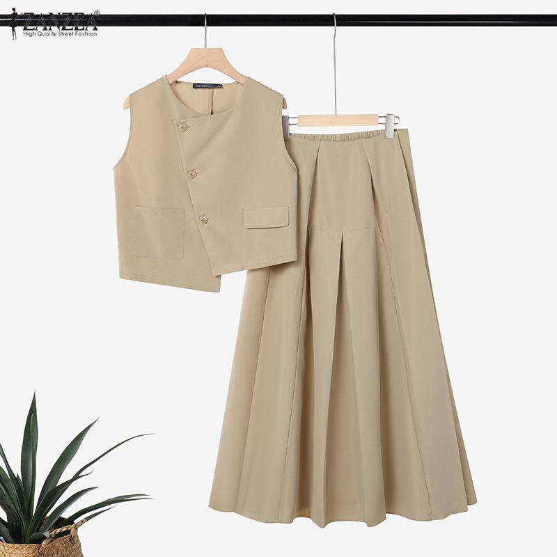 ZANZEA Women Sleeveless Vest Tops and Long Skirts Summer Two Piece Suit Sets