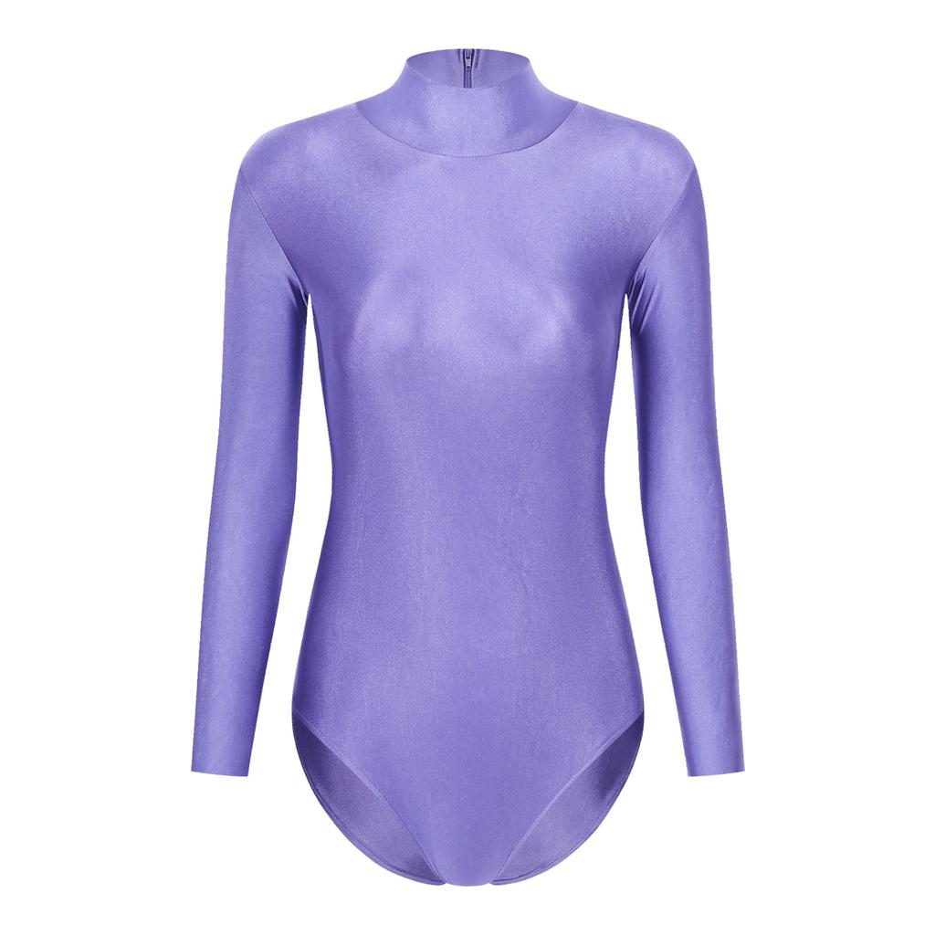 Damen-Body mit Stehkragen und langen Ärmeln, einfarbig, mit Reißverschluss hinten, dehnbarer Trikot-Gymnastik-Tanz-Overall