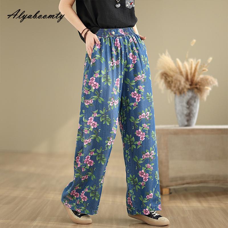

Большие размеры Летние женские джинсы Tencel с высокой талией и цветочным принтом Контрастные цветные брюки Повседневные свободные винтажные женские тонкие джинсы XXL