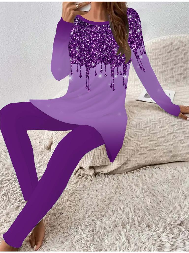 Euro-Amerikanische Mode 3D Glitzerdruck Damen Vier-Jahreszeiten Langarm T-Shirt + Lange Hose Zweiteiler. Perfektes Geschenk für Neujahr & Weihnachten