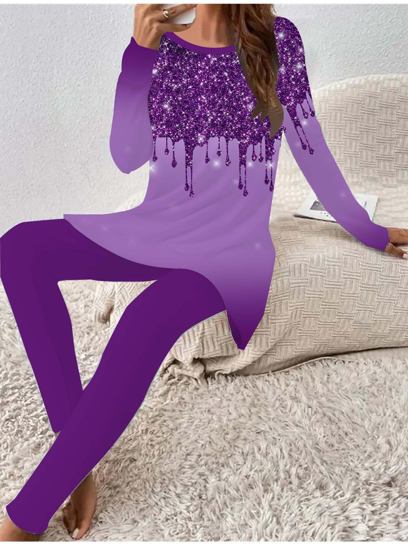 

Евро-американская мода 3D с блестящим принтом женская футболка с длинным рукавом на четыре сезона + длинные брюки комплект из двух предметов. Идеальный подарок на Новый год и Рождество 8XL фиолетовый