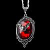 Exquisite Gothic Sliver Color Oval Bat Relief Red Imitation Gemstone Pendant Necklace for Women Halloween Party Vampire Jewelry