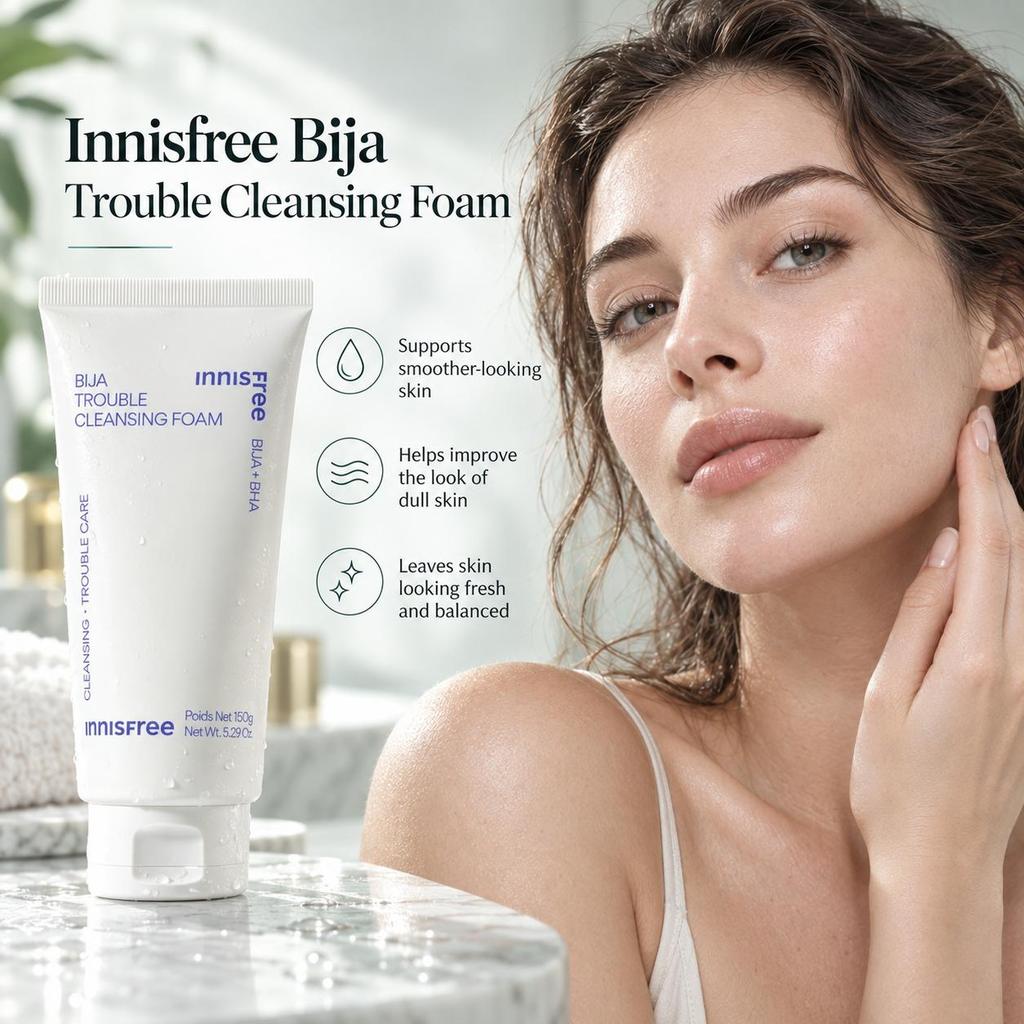 Innisfree Bija Trouble Cleansing Foam 150g,Made for Acne-prone Skin, Help Relieve Blemishes While Getting Rid of Excess Oil and Dirt Inside Pores.