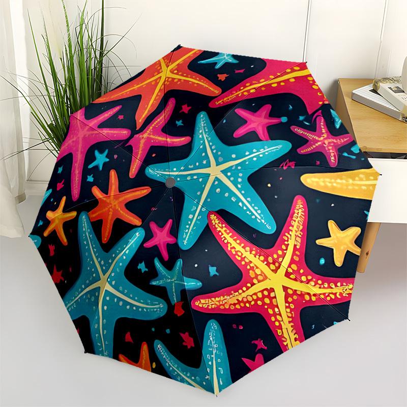 1pc Starfish Pattern Automatic Folding Umbrella - Compact 8-Rib Design, Durable Plastic & Iron, Lightweight for Outdoor Daily Use095