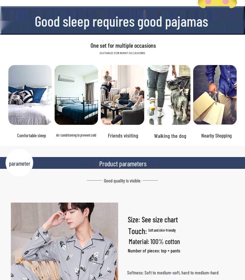 Men's 100% Cotton Long Sleeve and Pants Pajama Set - Plus Size, Spring/Autumn, Loose Fit, Two-Piece Home Wear