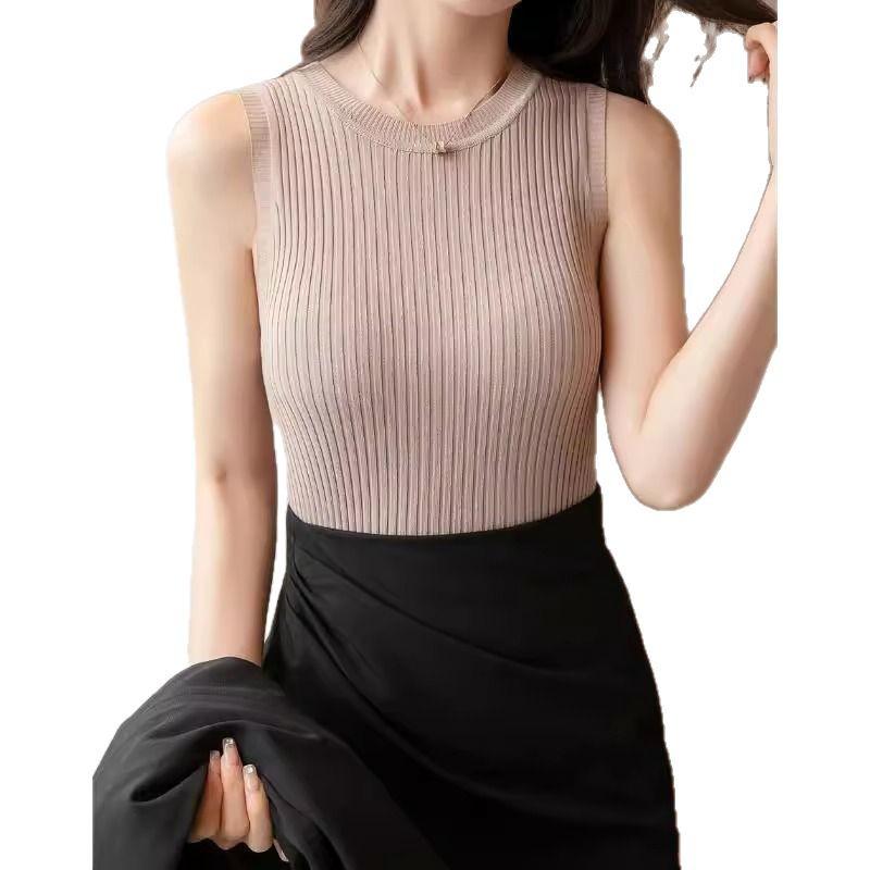 2025 Women's Versatile Ice Silk Spaghetti Strap Tank Top Sleeveless Crew Neck Undershirt