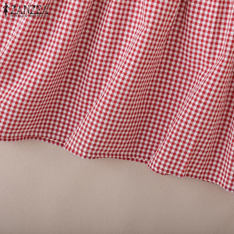 ZANZEA Women Casual Round Neck Summer Short Sleeve Plaid Print Blouse