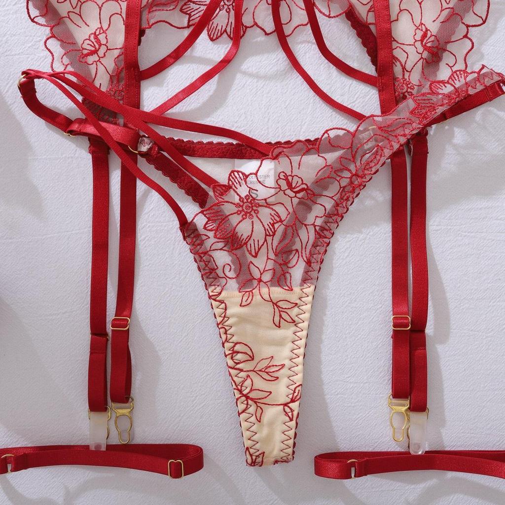 Elegant Floral Embroidery Sheer Multi-Strap Body Shaping Lingerie Set