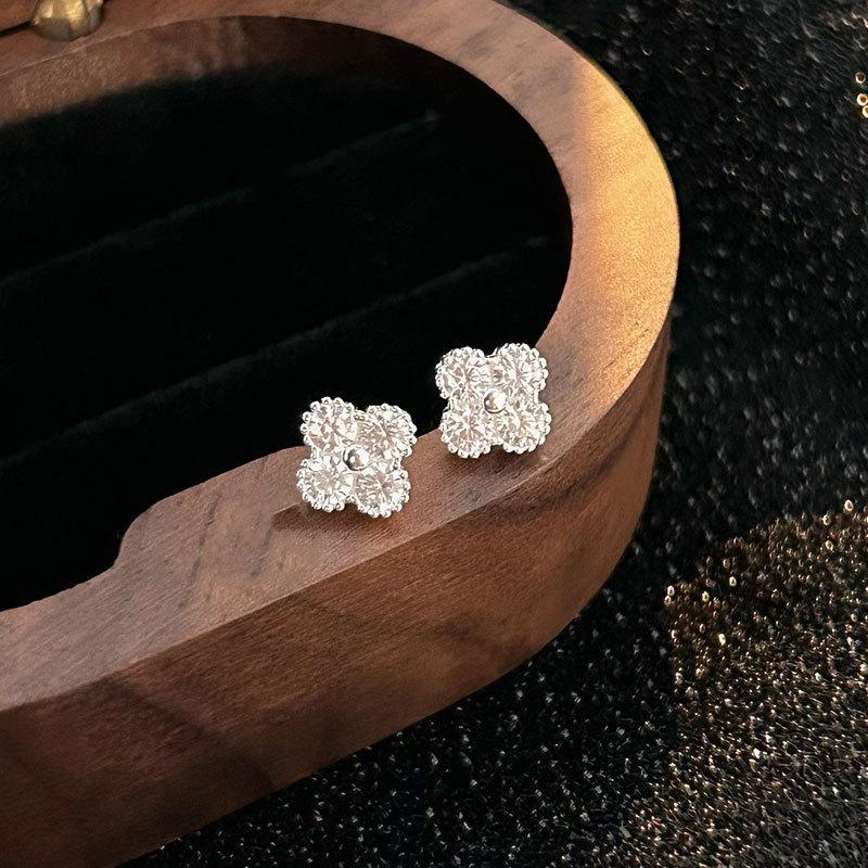 925 Silver Plated Four-leaf Clover Stud Earrings for Women Sparkling Shiny 5A Zircon Lucky Earrings Exquisite Banquet Jewelry