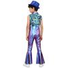 Boys Disco Metallic Glossy Sleeveless Print Patchwork Long Flare Pants Jumpsuit Sequins Fedora Hat