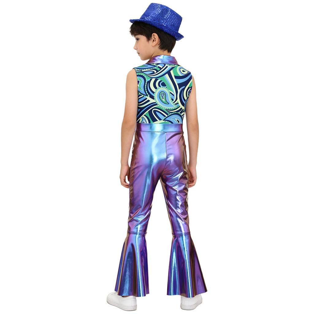 Boys Disco Metallic Glossy Sleeveless Print Patchwork Long Flare Pants Jumpsuit Sequins Fedora Hat