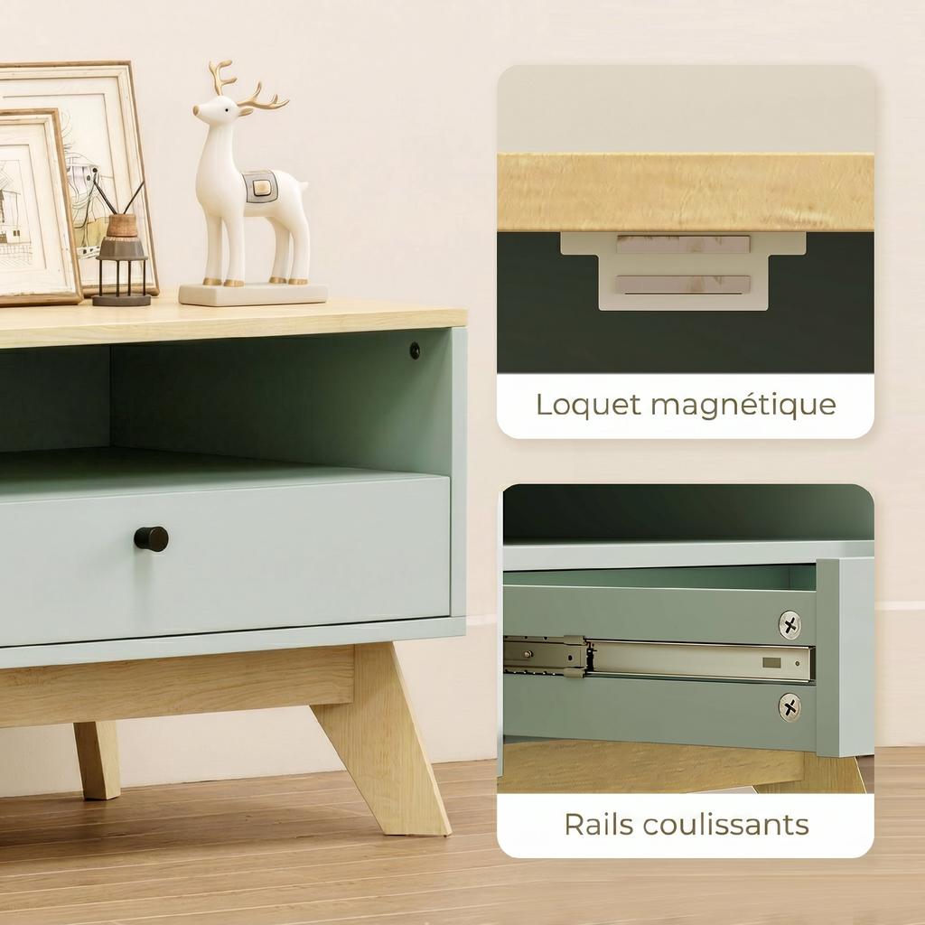 Living Room Coffee Table, Rectangular Side Table with Drawer, Door and Open Compartment, Light Green and Oak