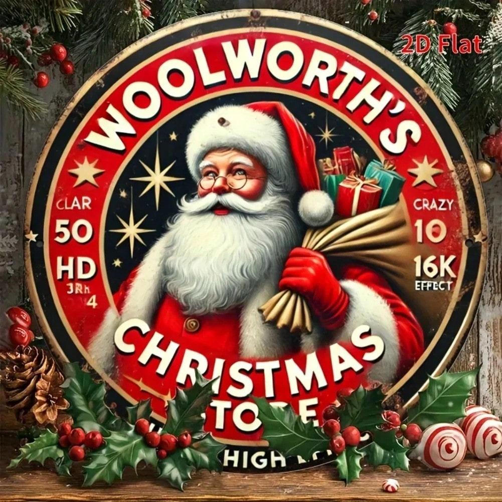 

Vintage Woolworths Christmas Store Metal Tin Sign Retro Santa Iron Wall Decor Holiday Xmas Party 20x20