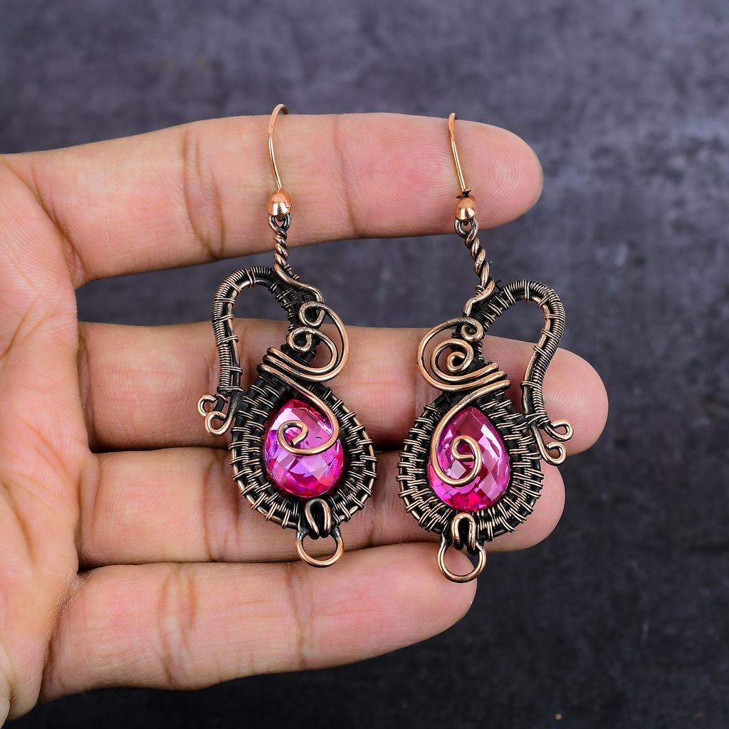 Natural Pink Rubillite Gemstone Copper Wire Wrap Jewelry Earring 2.88" C6j18