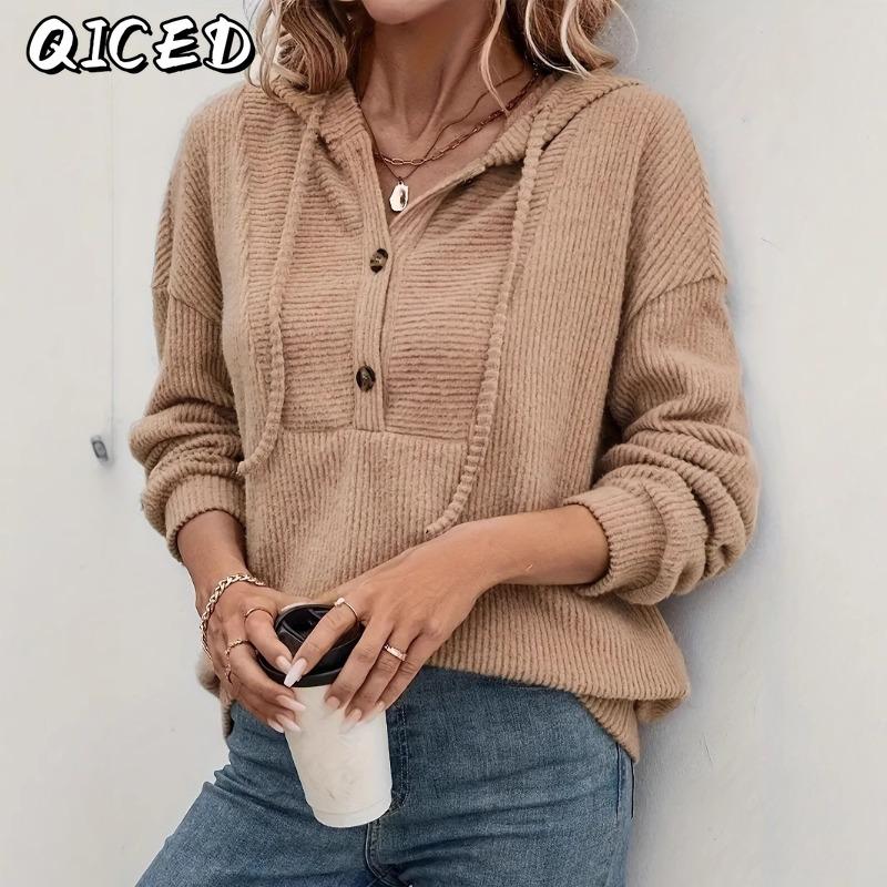 QICED Damenmode, lässig, einfarbig, Druck, Herbst, Winter, lange Ärmel, lose Pullover