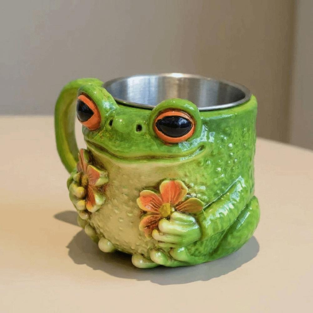 Resin Frog-Shaped Coffee Cup Anti Slip Cartoon Water Cup Safe Frog Floral Pattern Mug Juice
