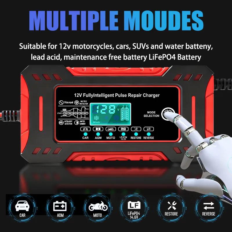 12V 6A Max Smart Pulse Repair Battery Charger For Car Moto Lead Acid AGM Batteries 14.6V 6A LiFePO4 Battery Charger LCD Display