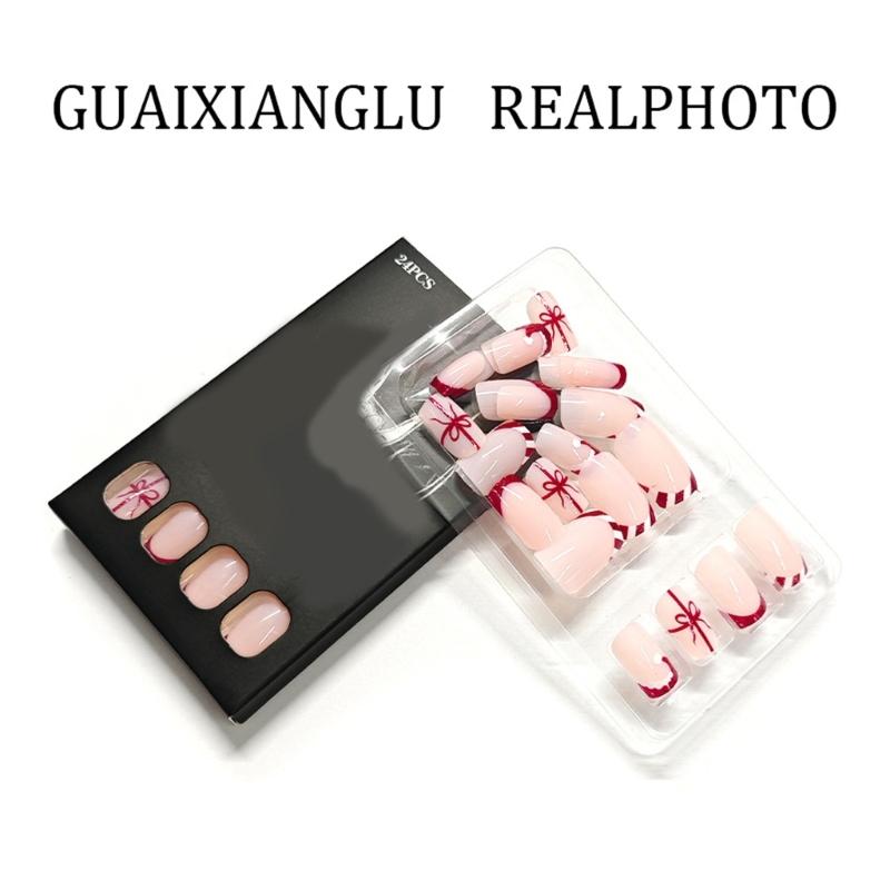 24pieces Christmas French Glitters Red Press On Nail Short Square False Nail With Shine Finish For Holiday Party Gift
