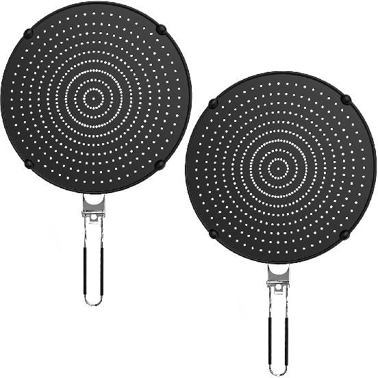 2 Pack Silicone Splatter Screen for Frying Pan, 13 Grease Splatter Guard with Folding Handle, Heat Resistant by Heat Insulation Cooling Mat, Food