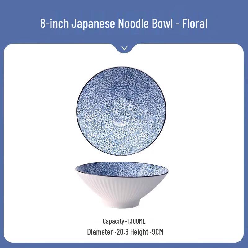 Japanese Floral Ceramic Ramen Bowl