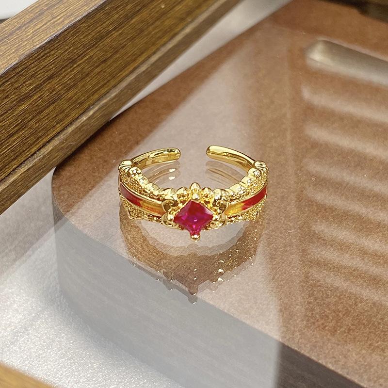 Medieval Vintage Retro Colored Enamel Open Ring Women'S Niche High-End Light Luxury Personality Ring