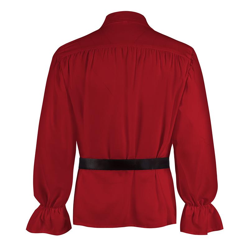 Medieval Long Sleeve Ruffled Puff Sleeve Top with Turn-Down Collar - Vintage Solid Color COS Costume Shirt