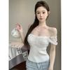 Summer Off Shoulder Pearl Button Knit Sweater for Hot Girls Sexy Short Cut Top with Lace Patchwork Slim Fit Short Sleeved for Ou