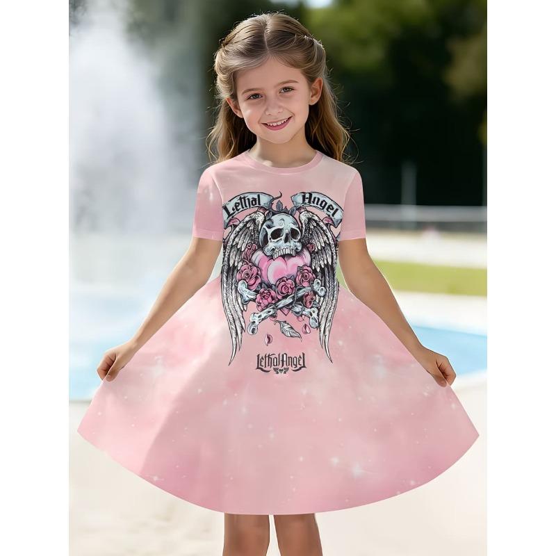 Gothic Cartoon Skull 3D Printed Girl Clothes Summer Princess Elegant Dresses Comfortable Short Sleeve Dress Fashion Kids Clothes