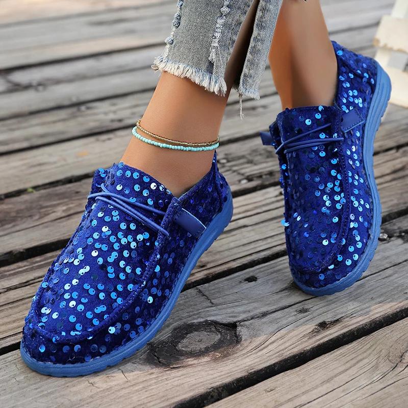 Hot Seller 2024 Novelty Shiny Sequins Flat Loafers Women's Shallow Mouth Lacing Soft Bottom Sneakers Solid Slip-on Large Size 43