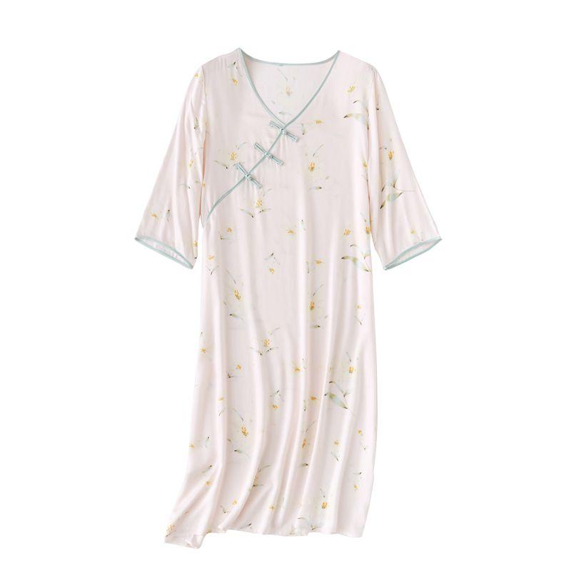 

Retro National Style Buckle Rayon Cotton Silk Satin Silky Nightdress Summer Thin Elegant Sleeping Dress Small Floral Print Yellow Lily Skirt XL