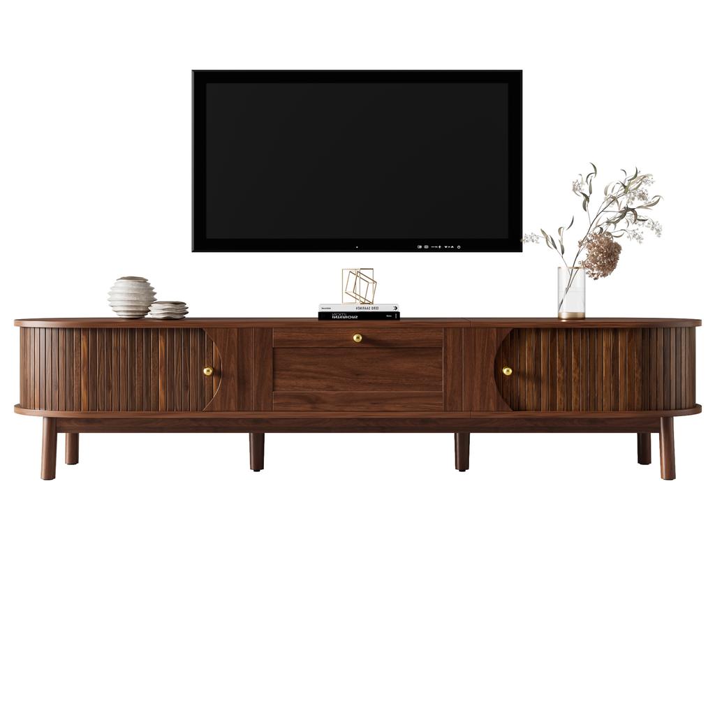 Modern TV Stand made of Solid Wood with Drawers, Classic Rounded Corners, Sturdy Wooden Legs, TV Stand with Storage Space for the Living Room.