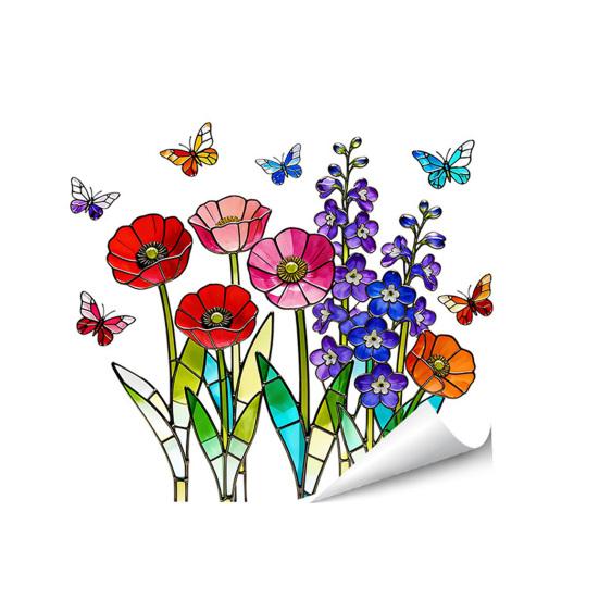 Colorful Spring Floral Window Cling Double-Sided Static Glass Sticker Stained Glass Effect Flowers Butterflies Window Decal for Kitchen Bedroom