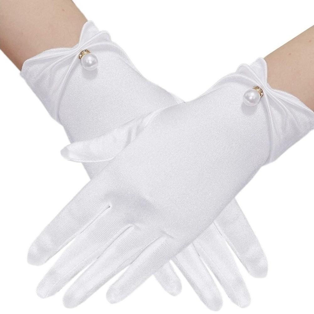 Pearl Decorative White Satin Bridal Gloves Wrist Length Women Silk Gloves Ladies