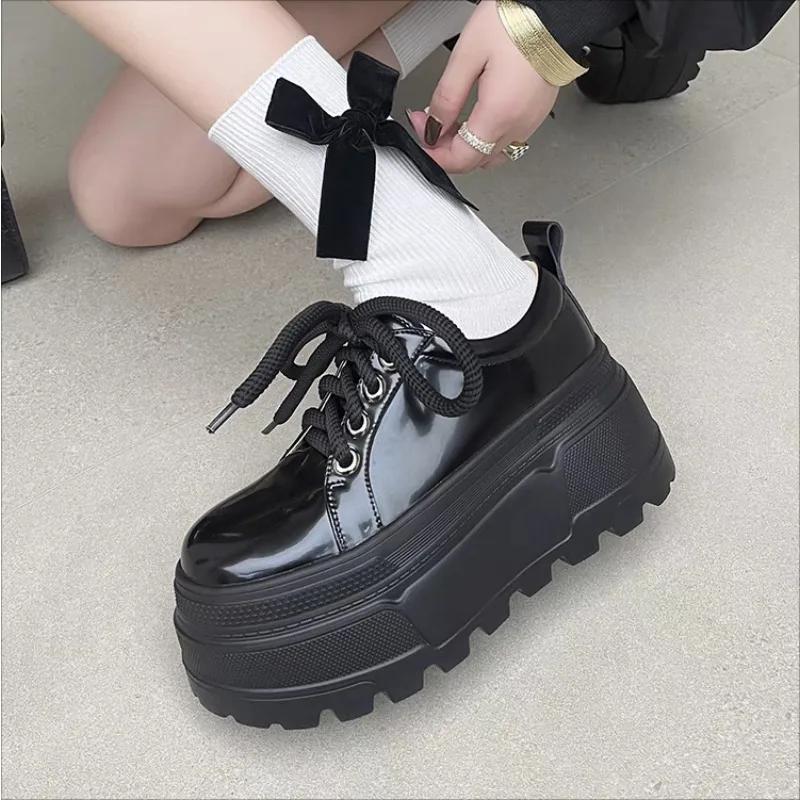 Fashion 8cm Super High Heels Microfiber Leather Autumn Casual Shoes Flat Platform Loafers Dating School Lace Up Women Pumps cosplay