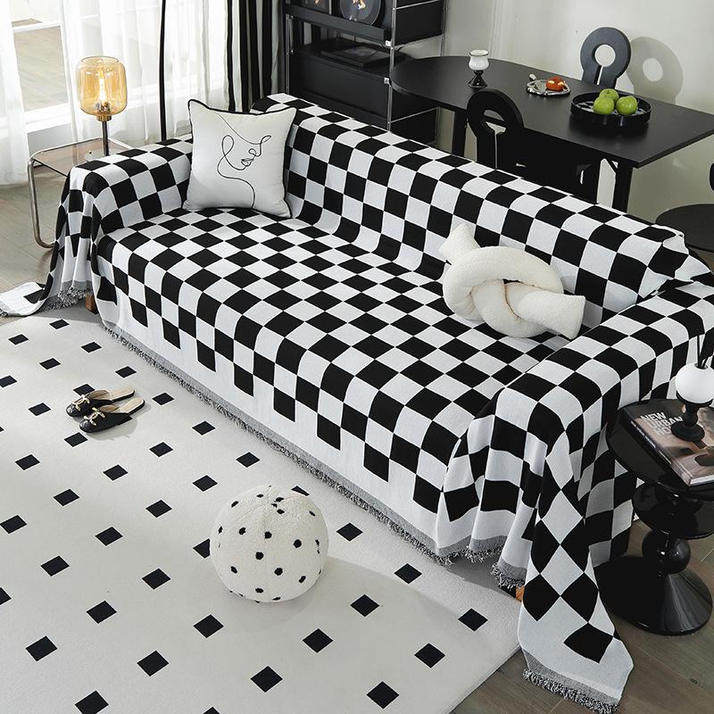 Black and White Plaid Sofa Cover, Anti-cat Scratch Cloth, Sofa Cover, Double-sided Available Sofa Cushion, Universal Sofa Towel for All Seasons