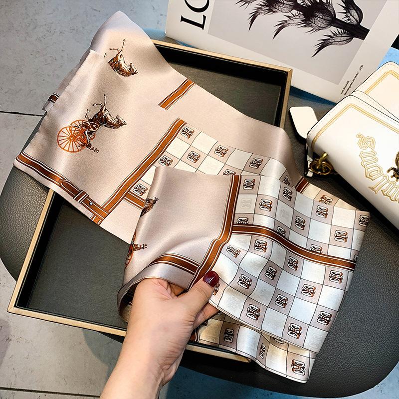 [Wholesale] Retro checkerboard silk silk scarf, small long mulberry silk scarf, women's versatile spring, autumn and winter thin scarf