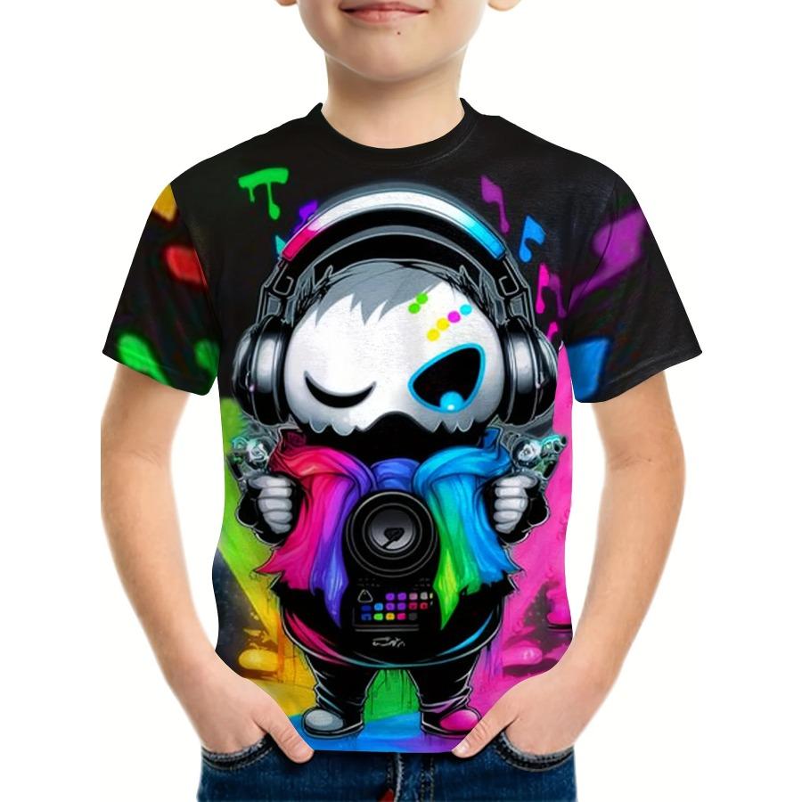 Colorful Dinosaur Graphic T-shirt for Boys - 3D Digital Print, Active and Stretchy Short Sleeve Tee for Summer Outdoor Fun